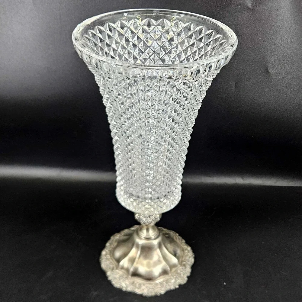 Vintage silver plated floral base diamond cut glass heavy ornate vase, 12" - Picture 2 of 6